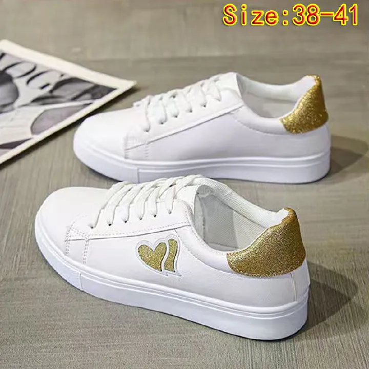 Baldur Size 38-41 Women's PU artificial leather shoes ladies white shoes girls simple casual shoes students shoes running shoes  sports shoes Athletic white + golden
