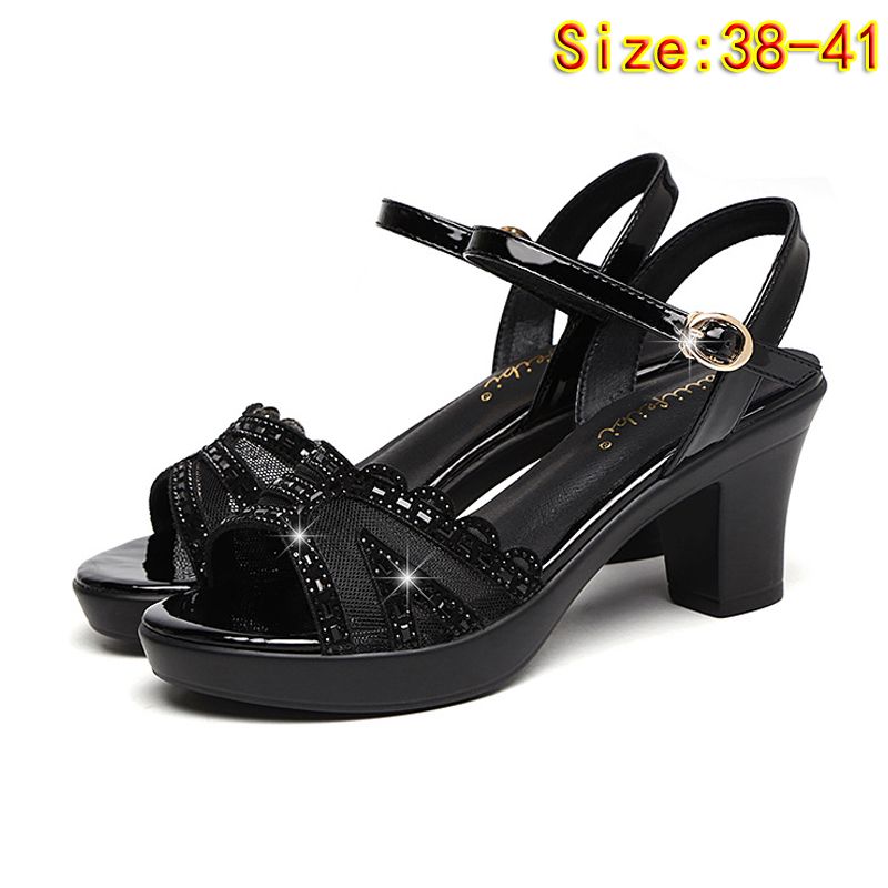 Size 38-41 ladies fashion fish mouth shoes medium heels women's single button sandals shoes girls chunky heel sandal