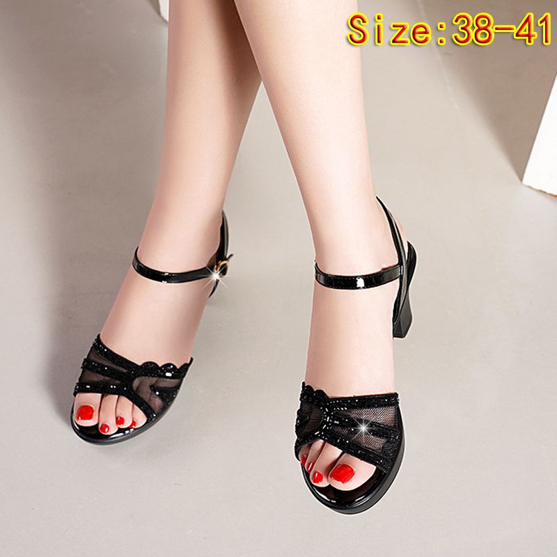 Size 38-41 ladies fashion fish mouth shoes medium heels women's single button sandals shoes girls chunky heel sandal