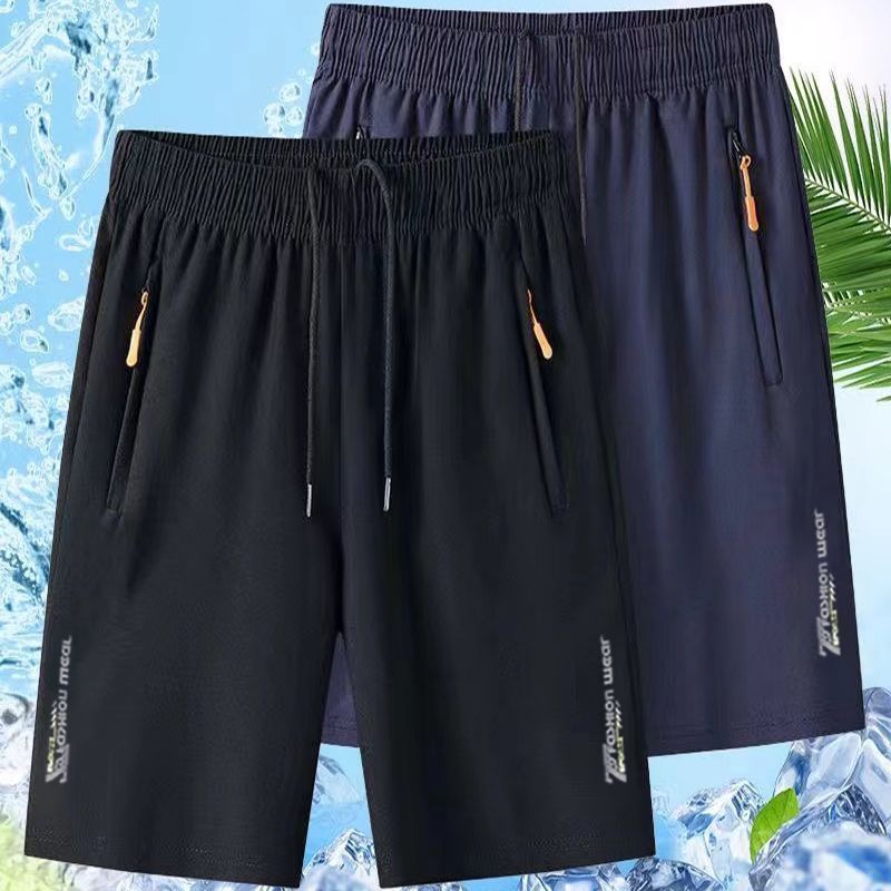 Baldur 2PC black+blue Men's thin ice silk five-point pants students  quick-drying casual shorts father's outerwear loose straight leg pants boys sports trousers beach Pants