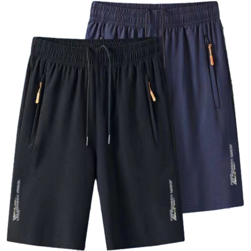 Baldur 2PC black+blue Men's thin ice silk five-point pants students  quick-drying casual shorts father's outerwear loose straight leg pants boys sports trousers beach Pants