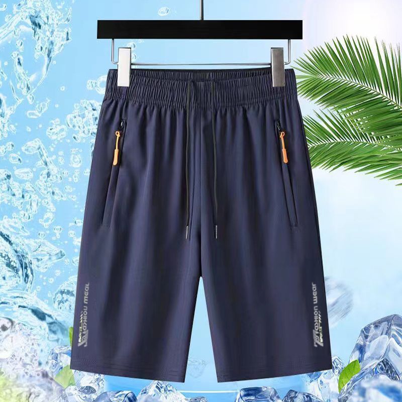 Baldur 2PC black+blue Men's thin ice silk five-point pants students  quick-drying casual shorts father's outerwear loose straight leg pants boys sports trousers beach Pants