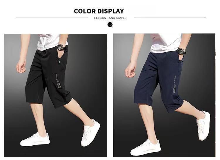 Baldur 2PC black+blue Men's thin ice silk five-point pants students  quick-drying casual shorts father's outerwear loose straight leg pants boys sports trousers beach Pants