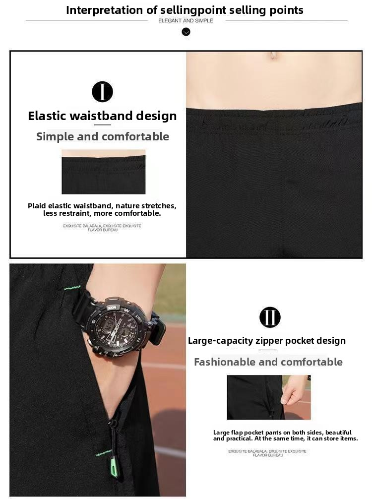 Baldur 2PC black+blue Men's thin ice silk five-point pants students  quick-drying casual shorts father's outerwear loose straight leg pants boys sports trousers beach Pants