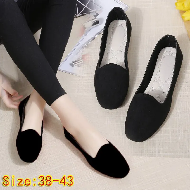 Size 38-43 women's suede shoes Girls Loafers ladies' Shoes Ballerinas and Flats students Non Slip Sole black shoes