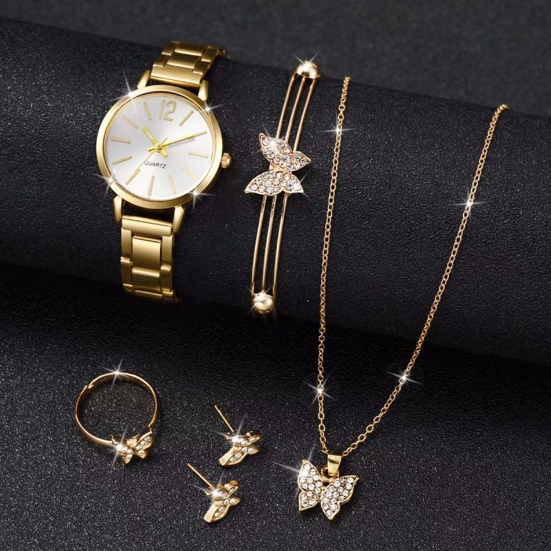 6PCS/Set Fashion Women's Watch Gold Steel Band Quartz Watches Butterfly Jewelry Set