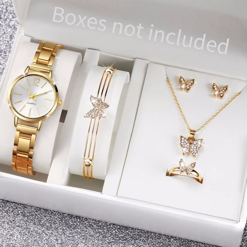 6PCS/Set Fashion Women's Watch Gold Steel Band Quartz Watches Butterfly Jewelry Set