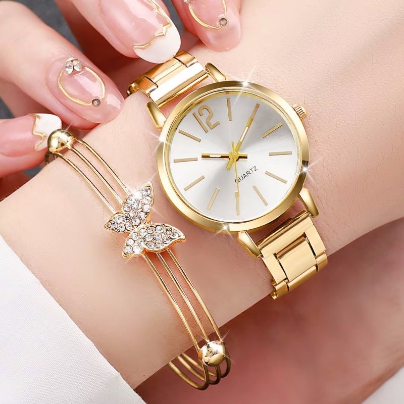 6PCS/Set Fashion Women's Watch Gold Steel Band Quartz Watches Butterfly Jewelry Set