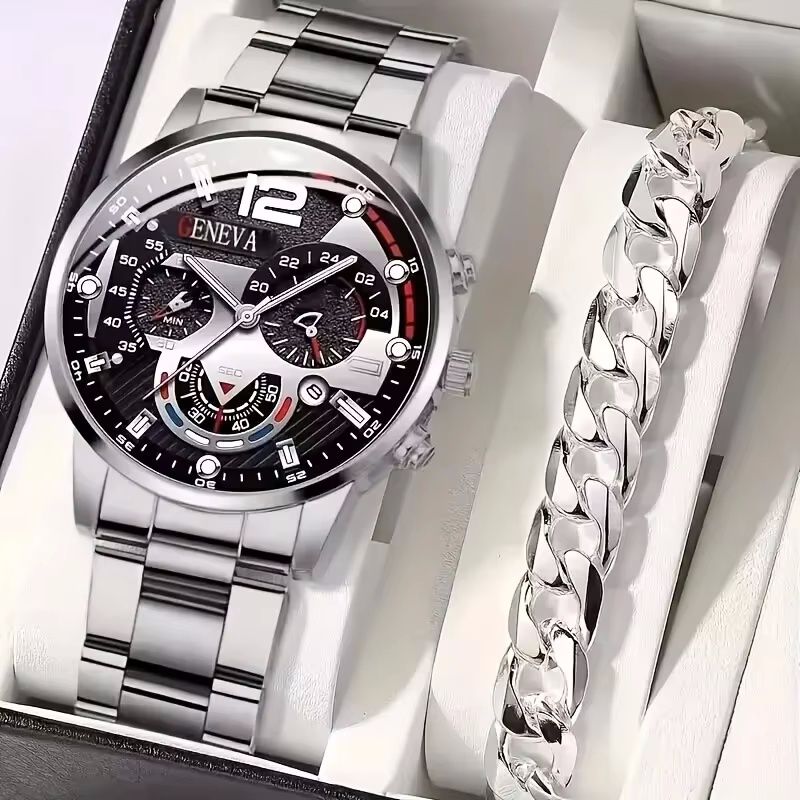 2pcs/set Men's Business Sports Quartz Watch Date Dial Analog Steel Band Wrist Watch And Bracelet Valentines Ramadan Gift For Him