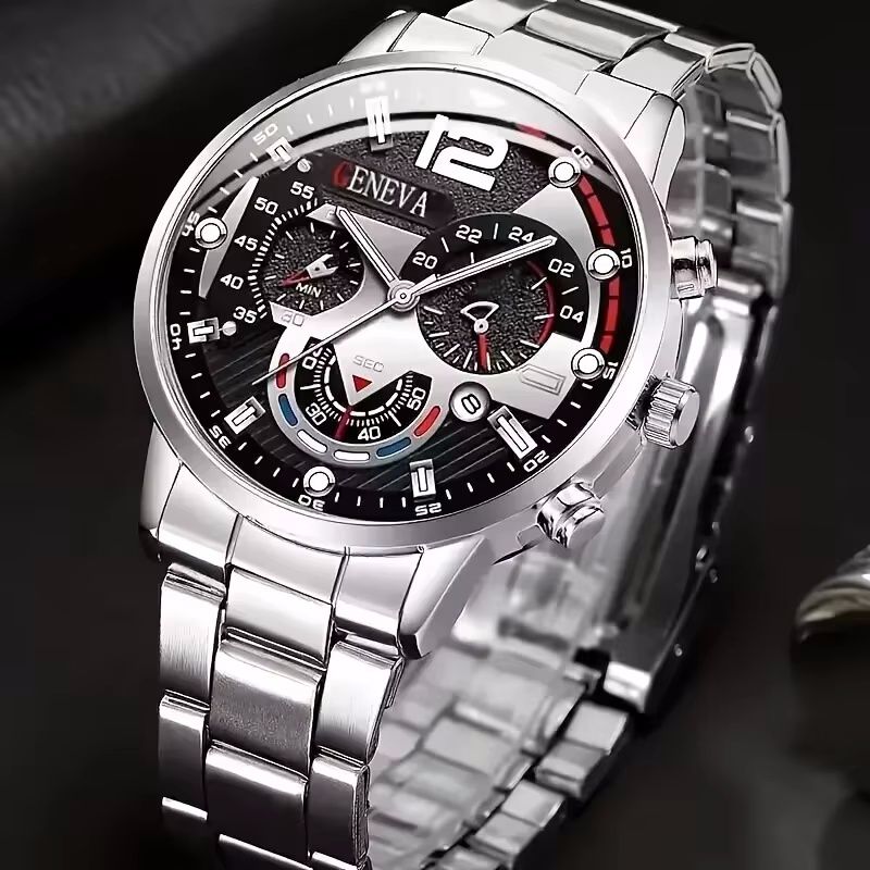 2pcs/set Men's Business Sports Quartz Watch Date Dial Analog Steel Band Wrist Watch And Bracelet Valentines Ramadan Gift For Him