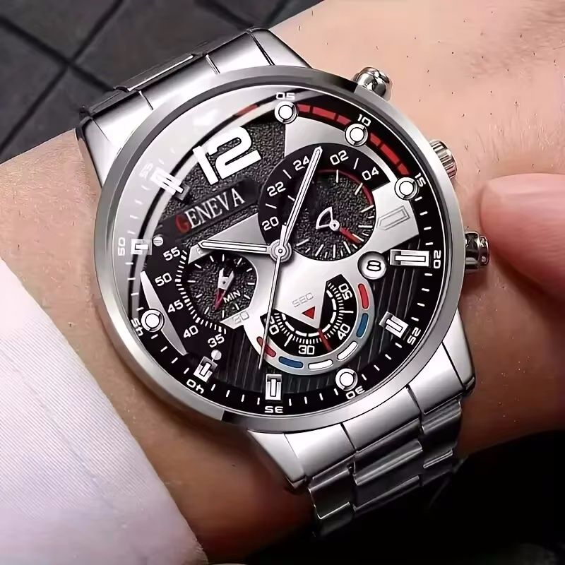 2pcs/set Men's Business Sports Quartz Watch Date Dial Analog Steel Band Wrist Watch And Bracelet Valentines Ramadan Gift For Him