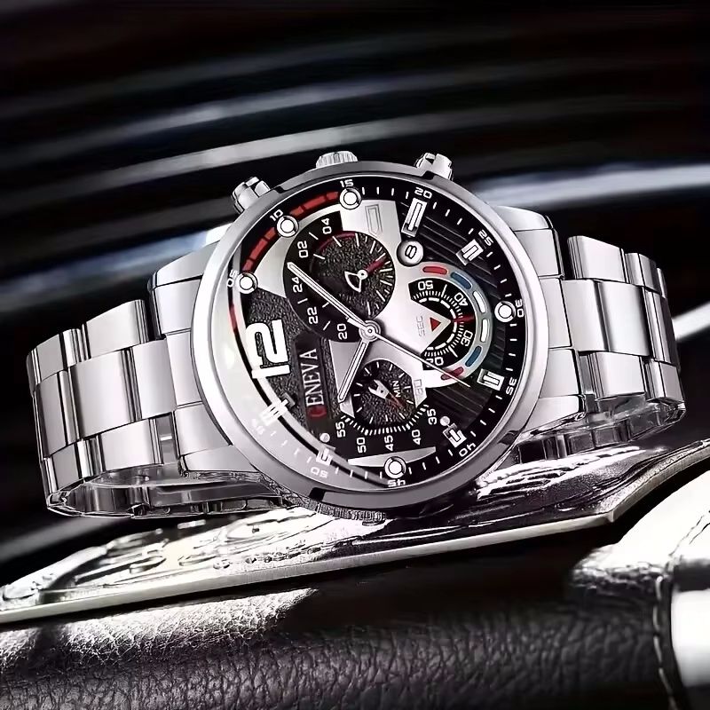 2pcs/set Men's Business Sports Quartz Watch Date Dial Analog Steel Band Wrist Watch And Bracelet Valentines Ramadan Gift For Him