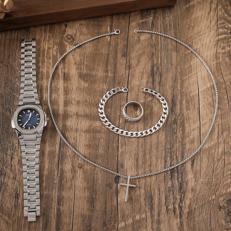 3PCS/Set Fashion Men's Stainless Steel Band Watch Casual Calendar Quartz Watch Jewelry Set  Luxury Watch Business Waterproof Male Clock Luminous Date Stainless Steel