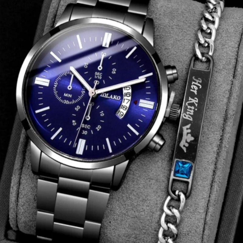 2PCs Men's Business Gentleman Steel Band Calendar Quartz Watch+Chain Bracelet Set Watch