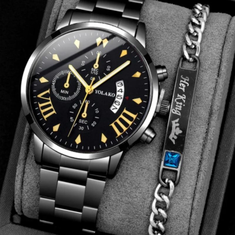 2PCs Men's Business Gentleman Steel Band Calendar Quartz Watch+Chain Bracelet Set Watch