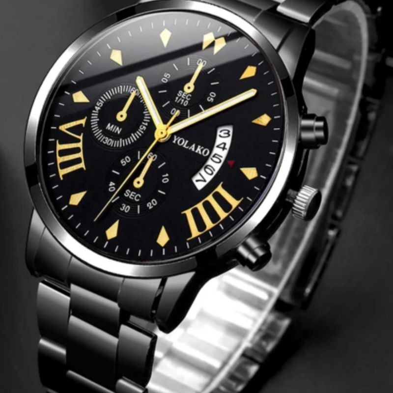 2PCs Men's Business Gentleman Steel Band Calendar Quartz Watch+Chain Bracelet Set Watch