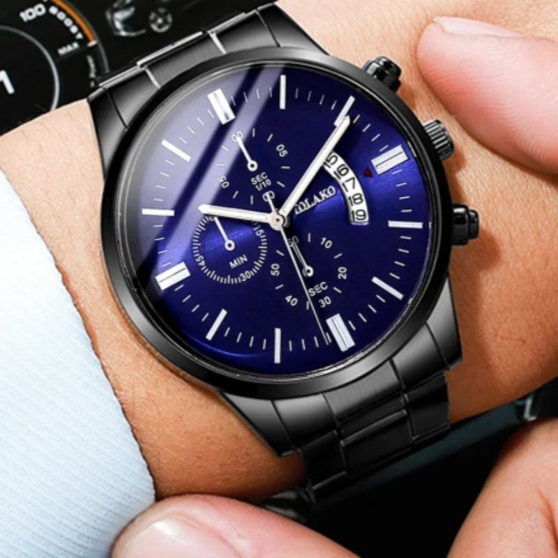 2PCs Men's Business Gentleman Steel Band Calendar Quartz Watch+Chain Bracelet Set Watch