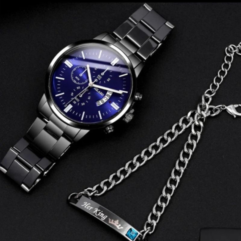 2PCs Men's Business Gentleman Steel Band Calendar Quartz Watch+Chain Bracelet Set Watch