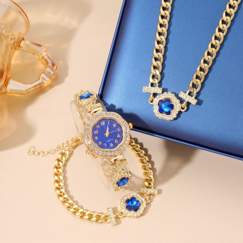 3 Pcs Set Women's Watch Inlaid Love Diamond Small dial Luxury Brand Temperament Bracelet Watch With Necklace Bracelet + Box Blue