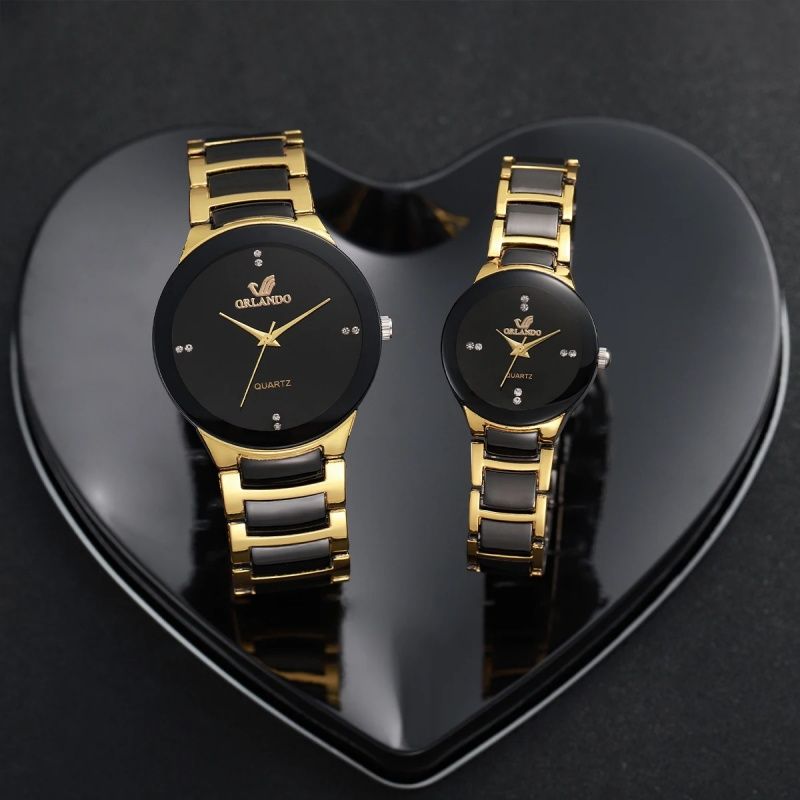 4PCS/Set Couple's Watches Fashion Rhinestone Women Quartz Watch Stainless Steel Band Men Wristwatches Bracelets Set