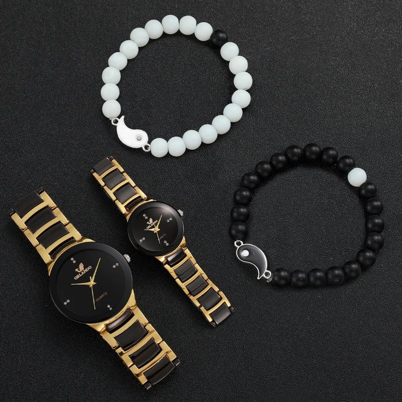 4PCS/Set Couple's Watches Fashion Rhinestone Women Quartz Watch Stainless Steel Band Men Wristwatches Bracelets Set