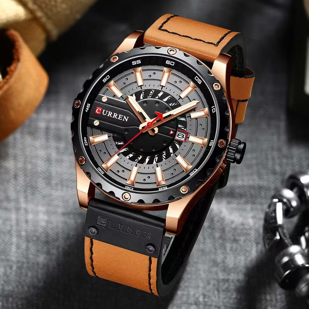 Simple Business Leather Watch, Equipped with Japanese Seiko PC32 Movement, Featuring Waterproof Function, Practical Quartz Calendar and Luminous Display