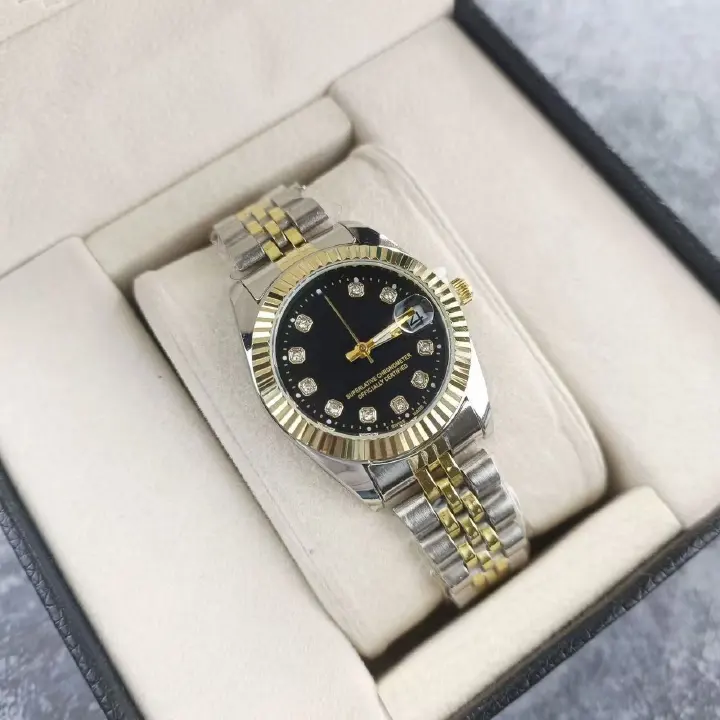Exquisitely - Designed Women's Watch, Featuring Diamond Hour Markers, An Inter - Gold Steel Strap, And A Built - In Calendar Function, Fully Showcasing Elegance.