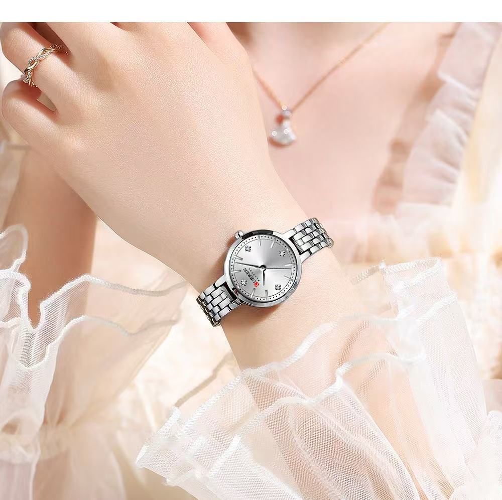 CURREN/Karui En 9106 Small-Dial Waterproof Women's Watch, a Casual Quartz Wristwatch Designed for Ladies, Features a Diamond-Inlaid Dial and a Scratch-Resistant Mirror.