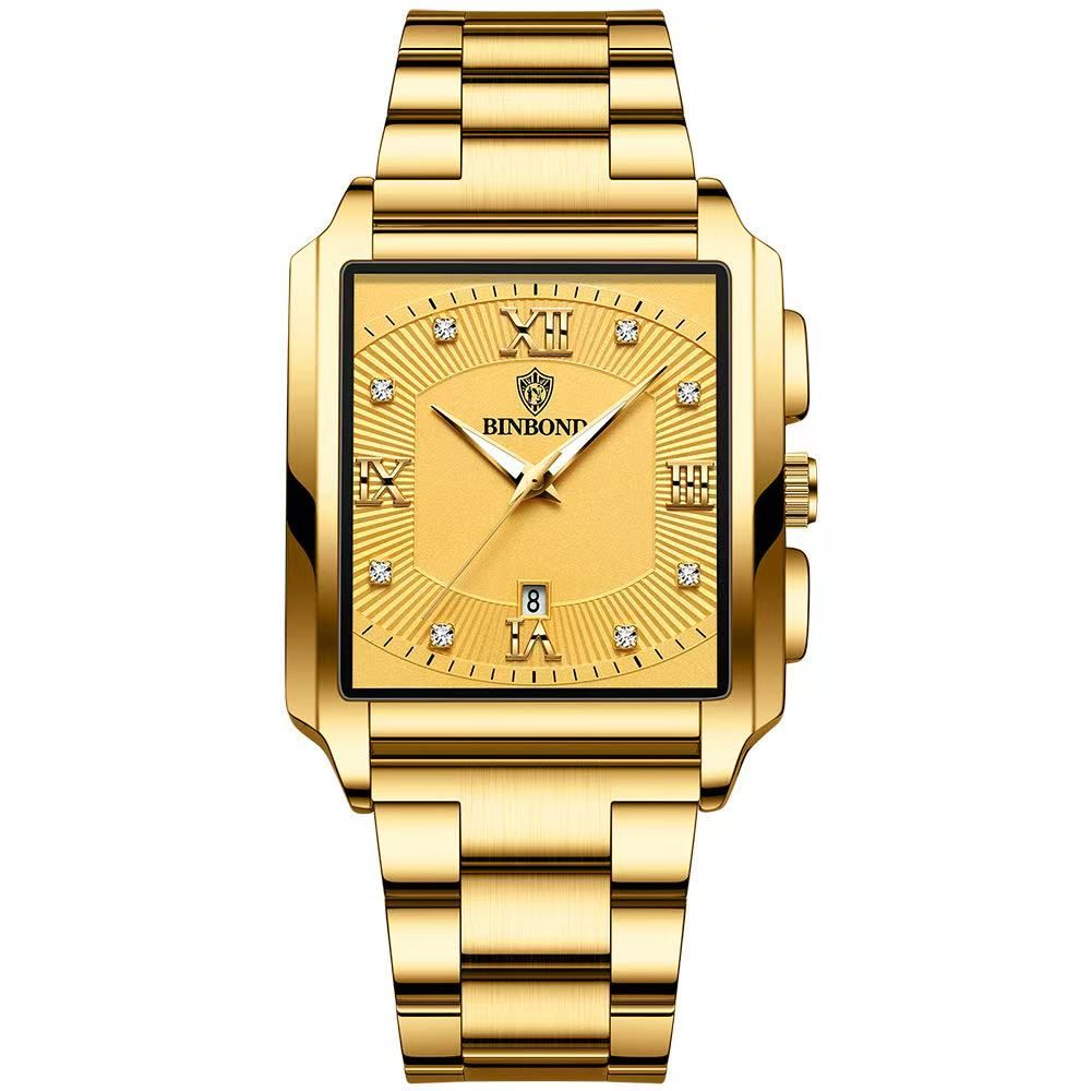 New Rectangular Men's Stainless Steel Strap Simple Sports Outdoor Calendar Quartz Watch Waterproof Wristwatch with Luminous Function