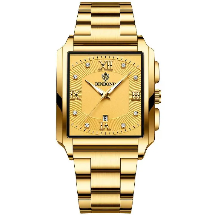 New Rectangular Men's Stainless Steel Strap Simple Sports Outdoor Calendar Quartz Watch Waterproof Wristwatch with Luminous Function