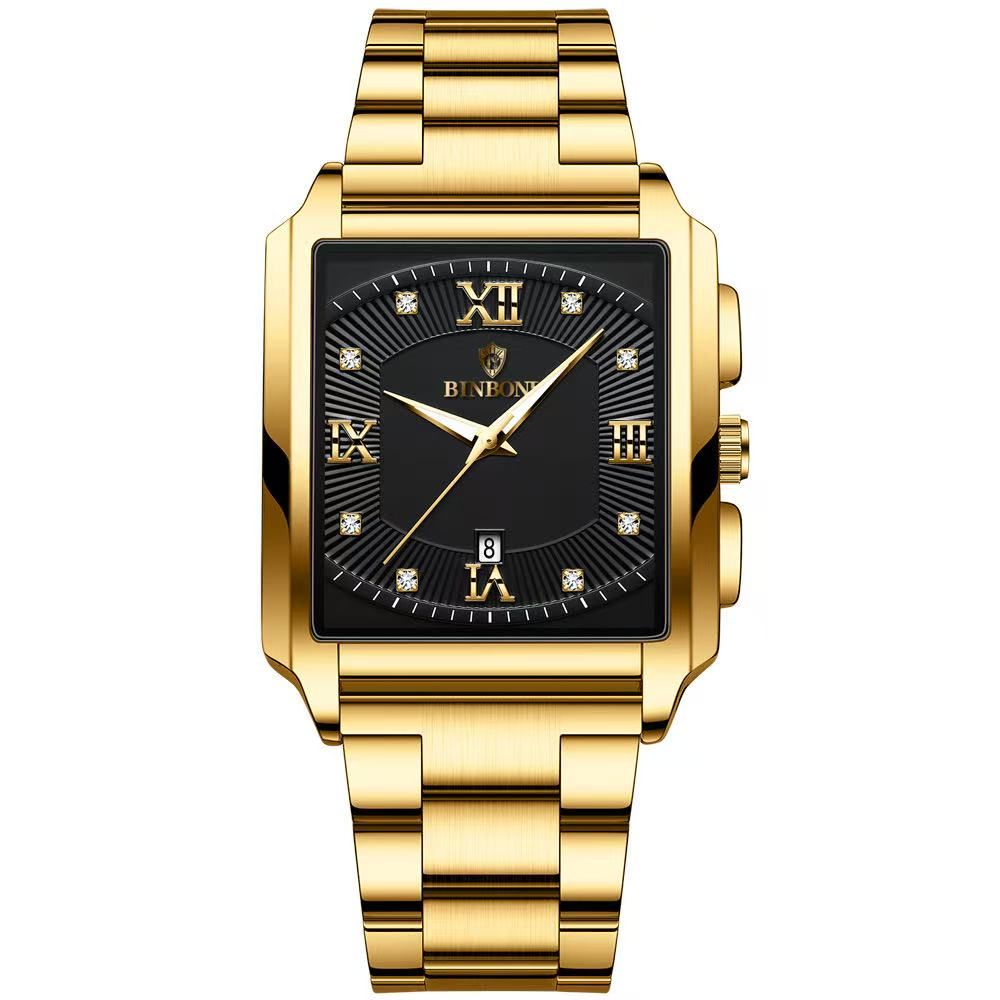 New Rectangular Men's Stainless Steel Strap Simple Sports Outdoor Calendar Quartz Watch Waterproof Wristwatch with Luminous Function