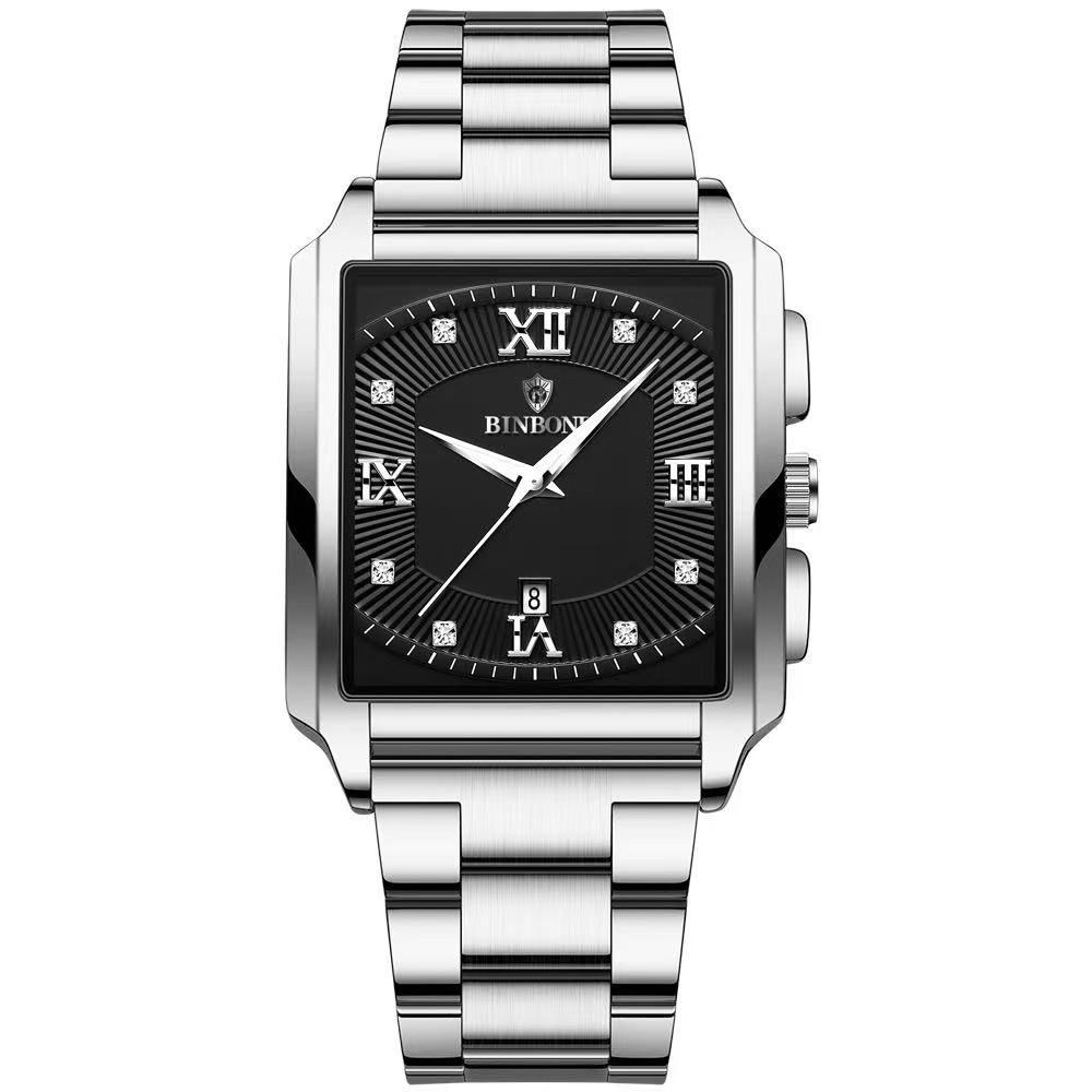 New Rectangular Men's Stainless Steel Strap Simple Sports Outdoor Calendar Quartz Watch Waterproof Wristwatch with Luminous Function