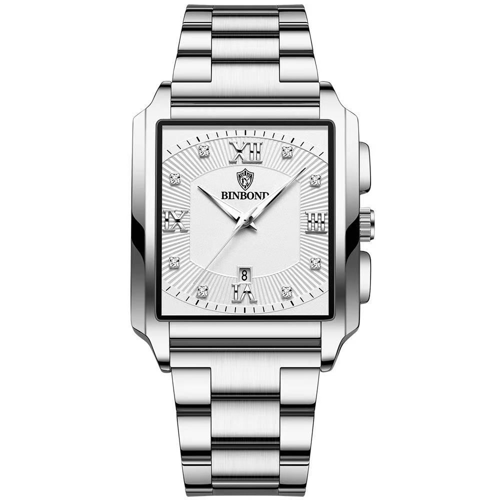 New Rectangular Men's Stainless Steel Strap Simple Sports Outdoor Calendar Quartz Watch Waterproof Wristwatch with Luminous Function