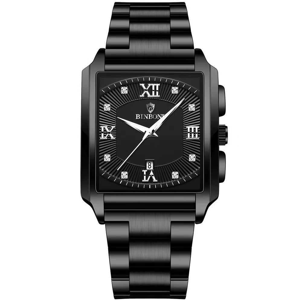 New Rectangular Men's Stainless Steel Strap Simple Sports Outdoor Calendar Quartz Watch Waterproof Wristwatch with Luminous Function