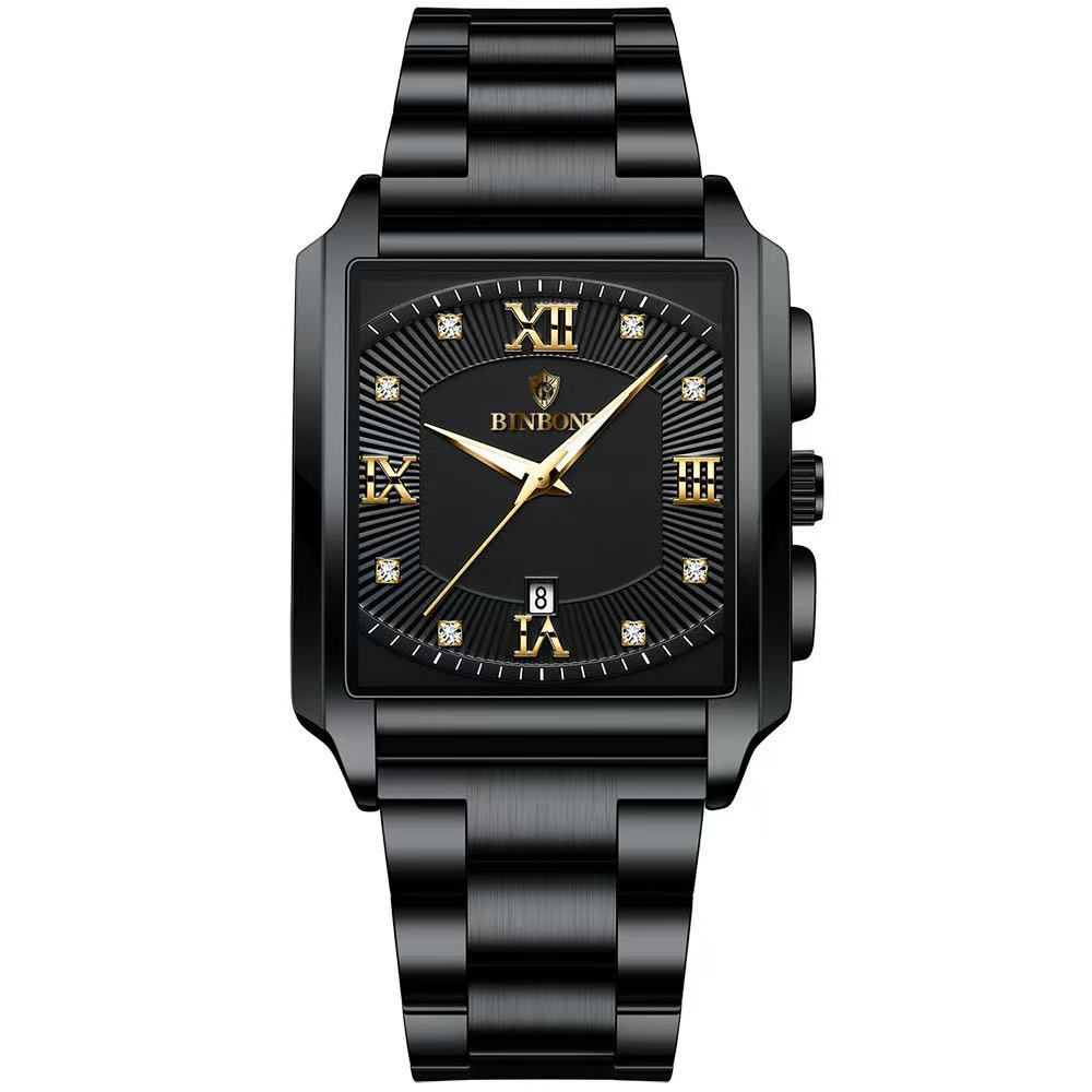 New Rectangular Men's Stainless Steel Strap Simple Sports Outdoor Calendar Quartz Watch Waterproof Wristwatch with Luminous Function