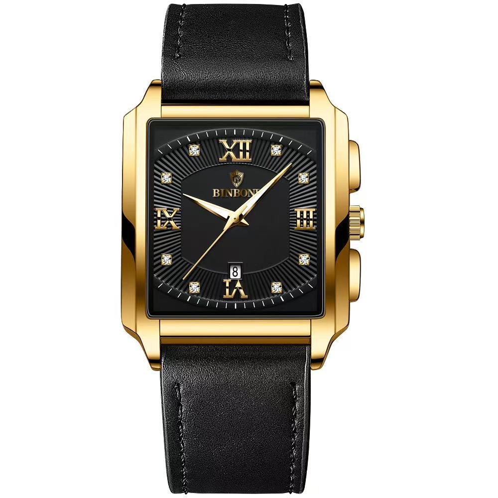 New Rectangular Men's Stainless Steel Strap Simple Sports Outdoor Calendar Quartz Watch Waterproof Wristwatch with Luminous Function