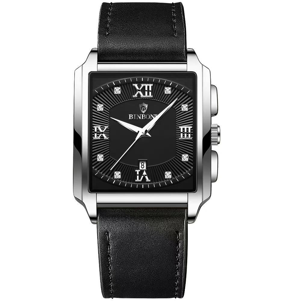 New Rectangular Men's Stainless Steel Strap Simple Sports Outdoor Calendar Quartz Watch Waterproof Wristwatch with Luminous Function