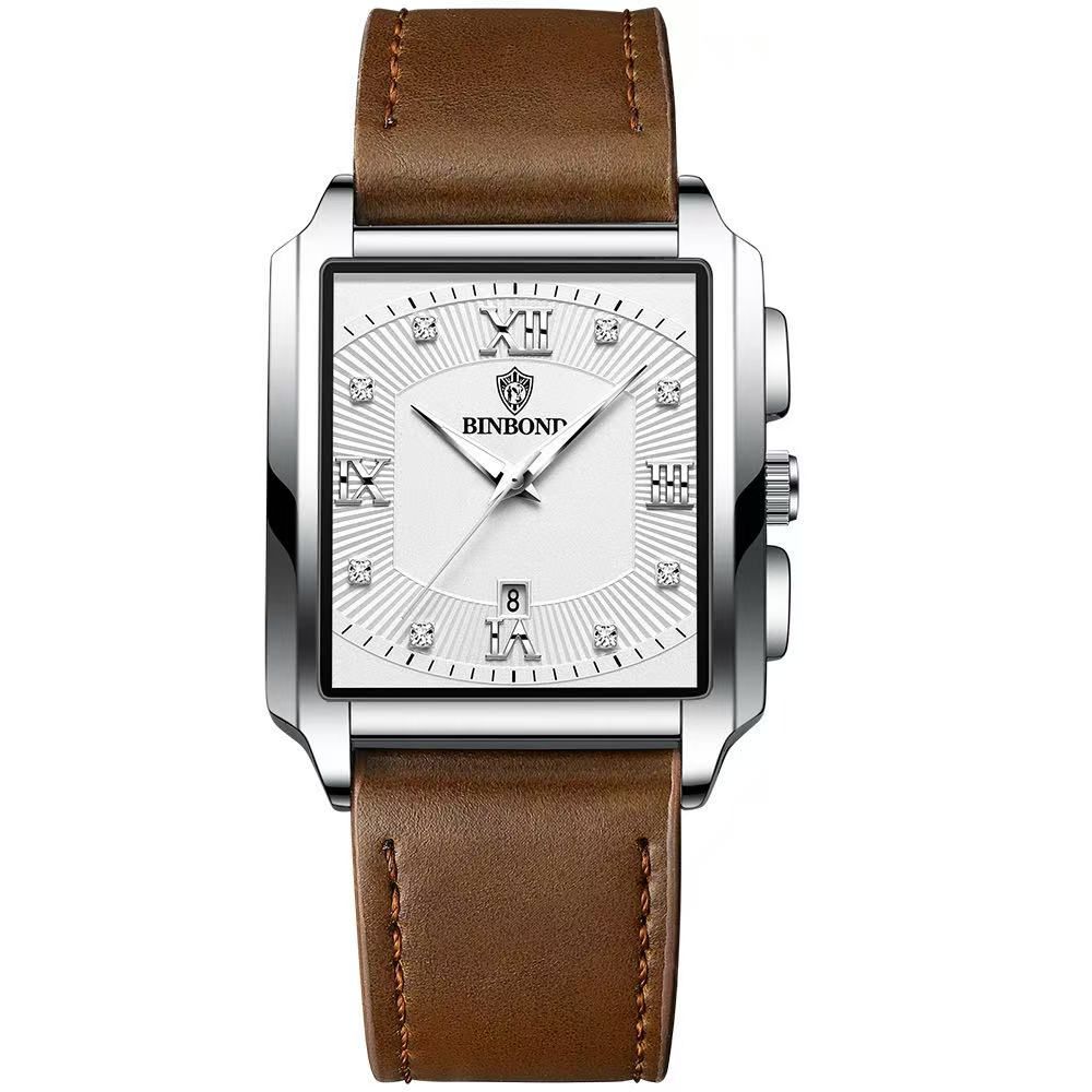 New Rectangular Men's Stainless Steel Strap Simple Sports Outdoor Calendar Quartz Watch Waterproof Wristwatch with Luminous Function