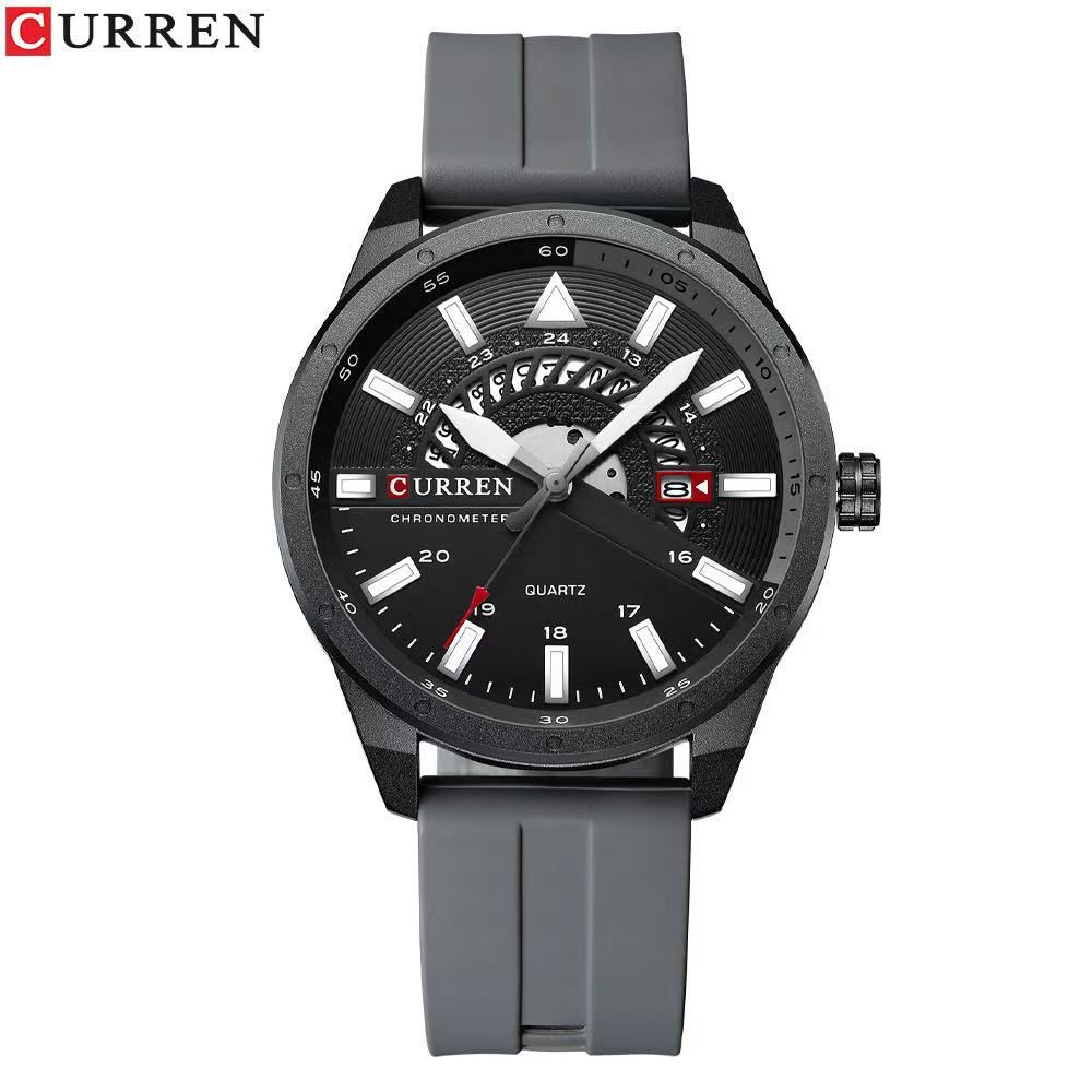 CURREN/Karui'en 8421 Round Waterproof Rubber Strap Wristwatch Couple Simple Sports Style Calendar Watch Quartz Watch