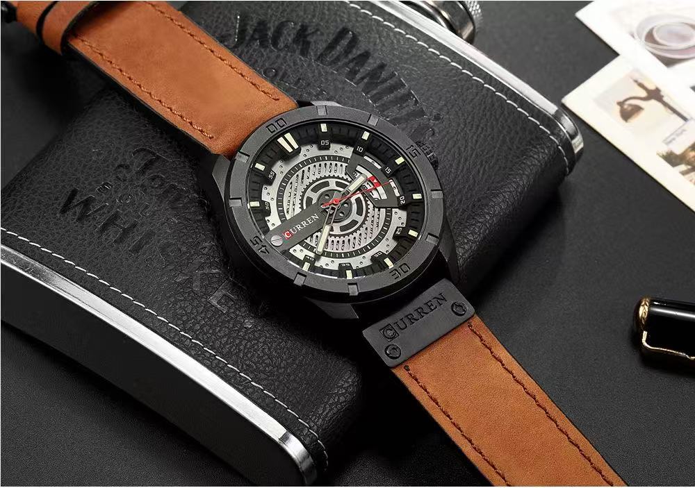 CURREN 8301 Men's Belt Watch, Waterproof, Personality Leather Wristwatch, Fashionable Quartz Watch with Calendar