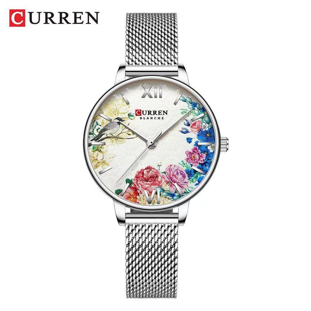 CURREN9059 Round Women's Watch: 30M Water Resistance, Compact Case With Floral Patterns, Ultra-Thin Mesh Strap, Best-Selling Style