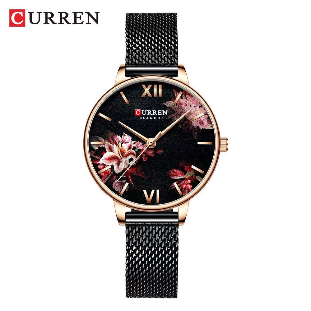 CURREN9059 Round Women's Watch: 30M Water Resistance, Compact Case With Floral Patterns, Ultra-Thin Mesh Strap, Best-Selling Style