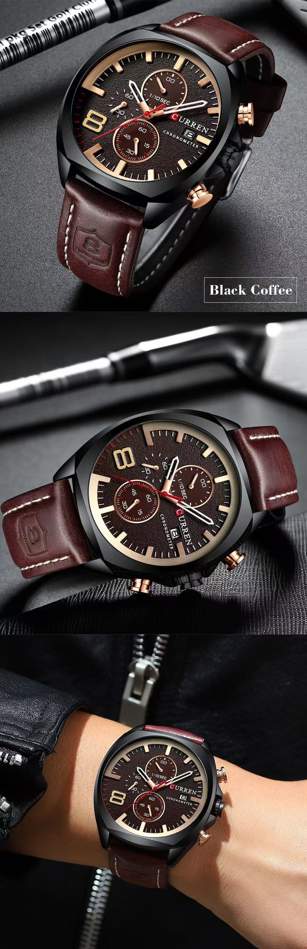 CURREN/Karien 8324 Round Waterproof Leather Strap Watch, Simple Six-Hand Multifunctional Calendar Waterproof Watch