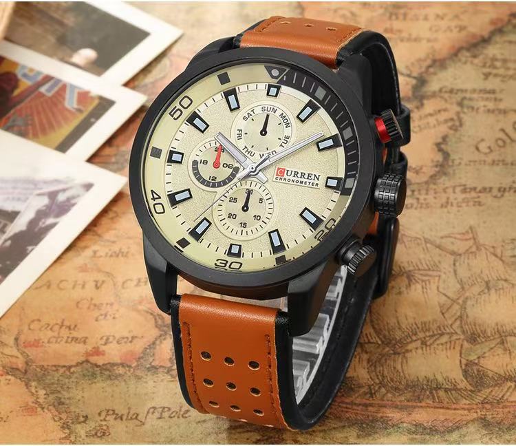 CURREN/Karine 8250 Men's Waterproof Watch Casual Fake Three-Eye Watch Business Leather Strap Wristwatch