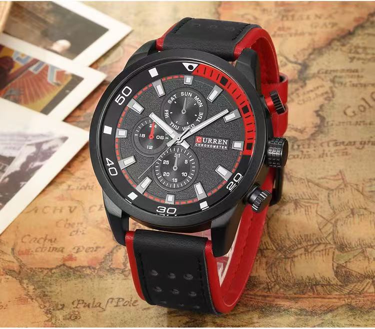 CURREN/Karine 8250 Men's Waterproof Watch Casual Fake Three-Eye Watch Business Leather Strap Wristwatch
