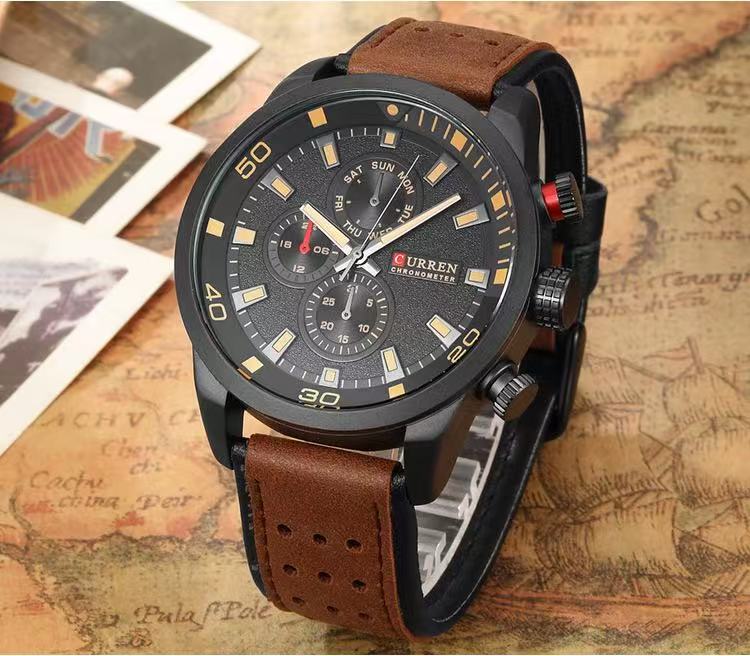 CURREN/Karine 8250 Men's Waterproof Watch Casual Fake Three-Eye Watch Business Leather Strap Wristwatch