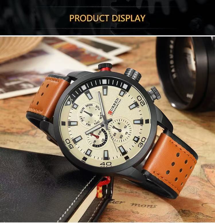 CURREN/Karine 8250 Men's Waterproof Watch Casual Fake Three-Eye Watch Business Leather Strap Wristwatch