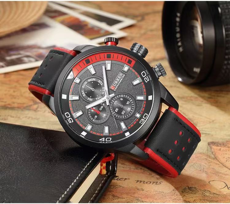 CURREN/Karine 8250 Men's Waterproof Watch Casual Fake Three-Eye Watch Business Leather Strap Wristwatch