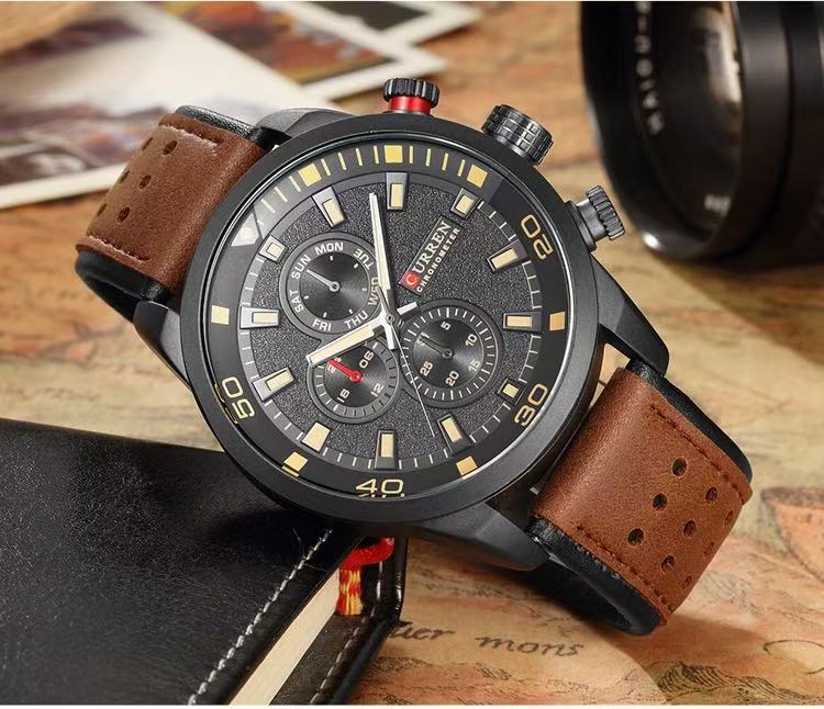 CURREN/Karine 8250 Men's Waterproof Watch Casual Fake Three-Eye Watch Business Leather Strap Wristwatch