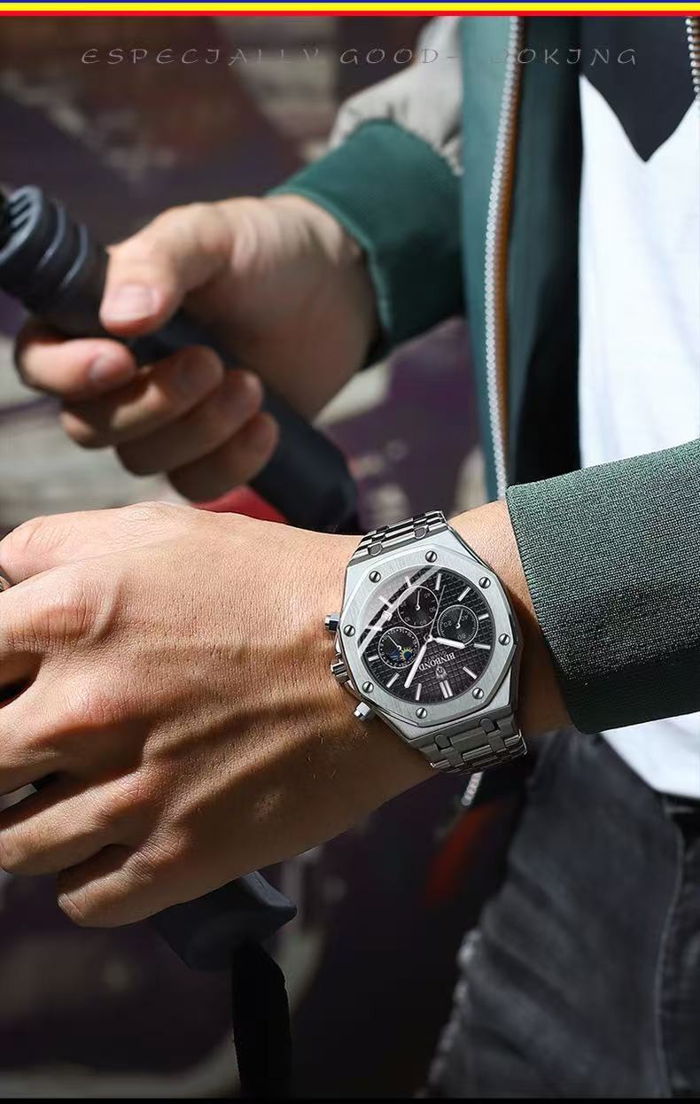 Best-Selling Binbang High-End Three-Eye Six-Hand Multifunctional Moon Phase Steel Strap Multifunctional Men's Watch